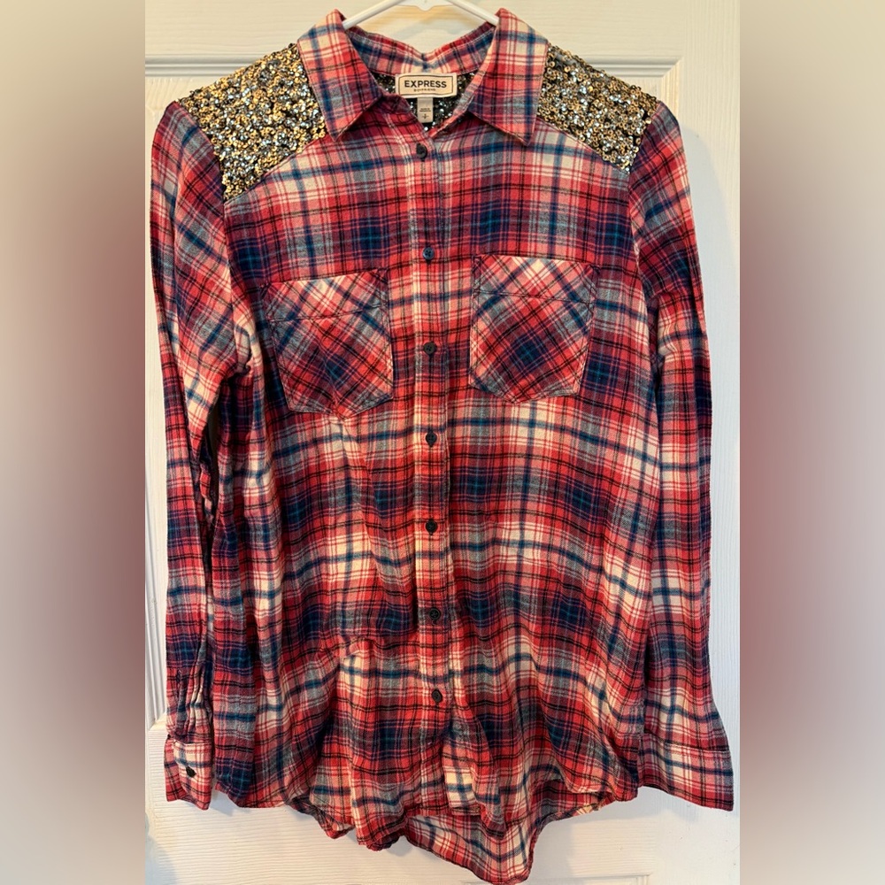 Express Red & Blue Plaid Button-Up Shirt with Sequin Shoulder Accents
